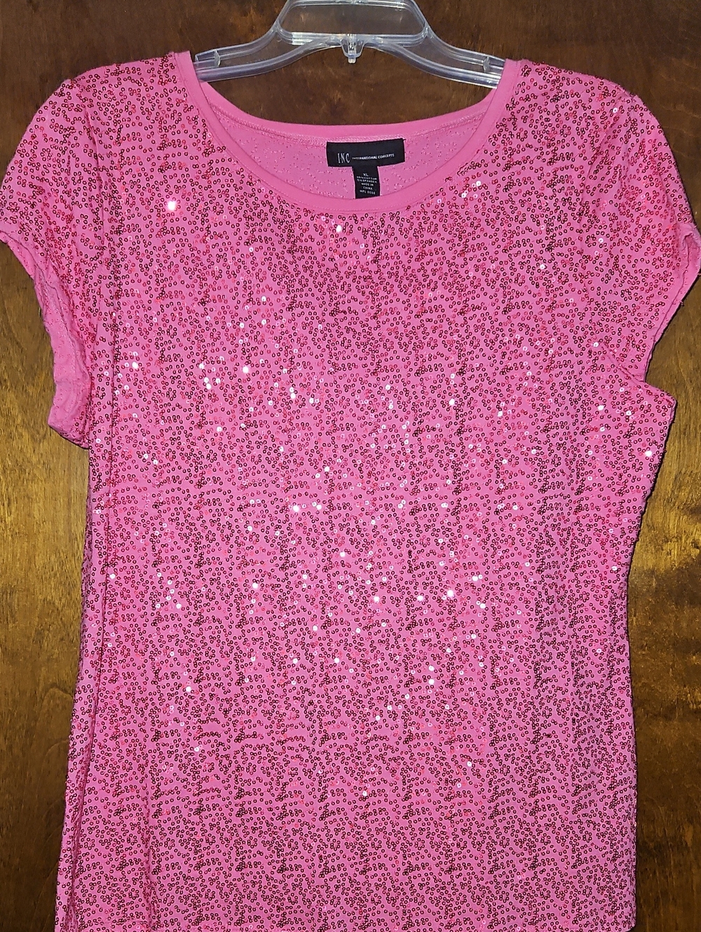 INC International Concepts Pink Sequin Short Sleeve Top